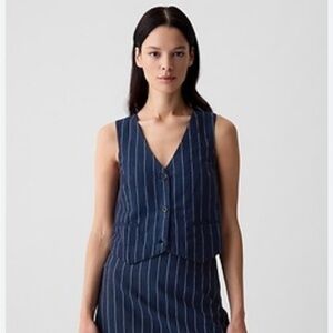 GAP Linen‎ Navy Pin Stripe Vest Size XL Coastal Cowgirl Minimal Contemporary
